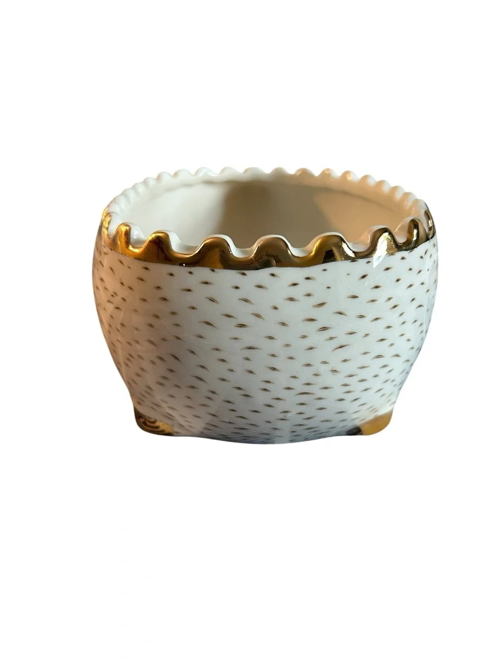 Signature White & Gold Ceramic Hedgehog Bowl EUC Whimsy China Animal Print